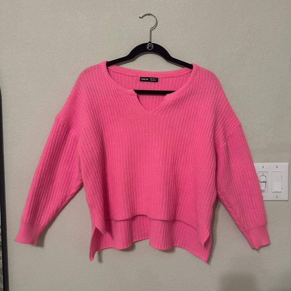 SHEIN Bright Pink V-Neck Sweater